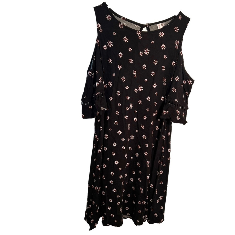 Xhilaration Womens Size Small Cold Shoulder Dress Black Pink Floral Flowy Ruffle